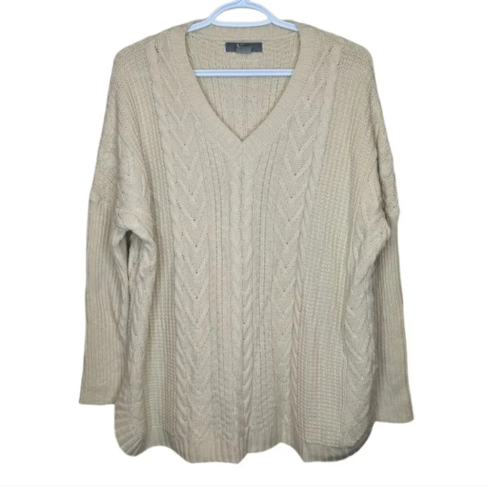 Natural Cream V Neck Cable Knit Sweater Womans Small